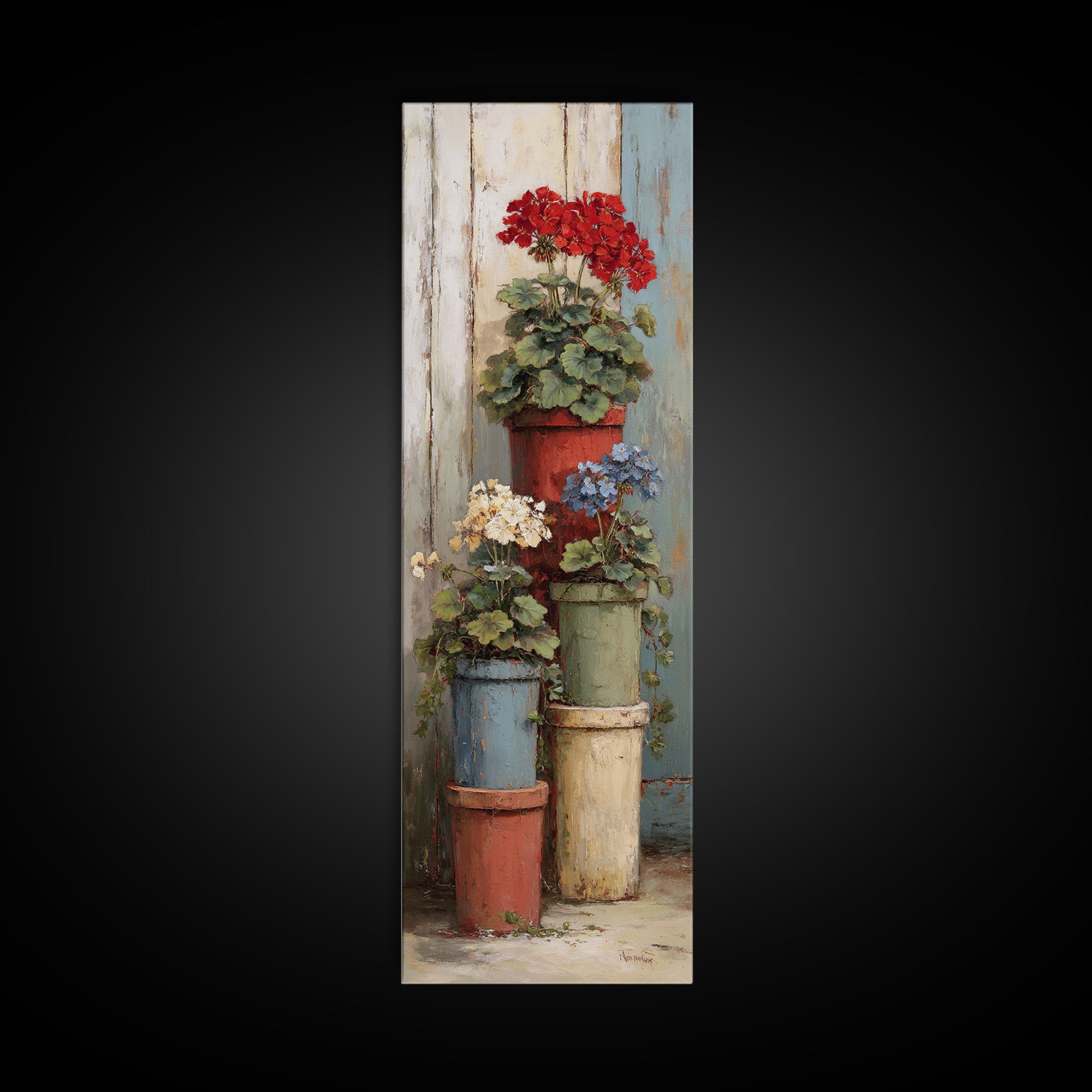 Potted Geraniums in Rustic Clay Pots Framed Canvas Print, Patio Art, Outdoor Art, Patio Decor, Fine Art, Outdoor, PAT-1x3-50