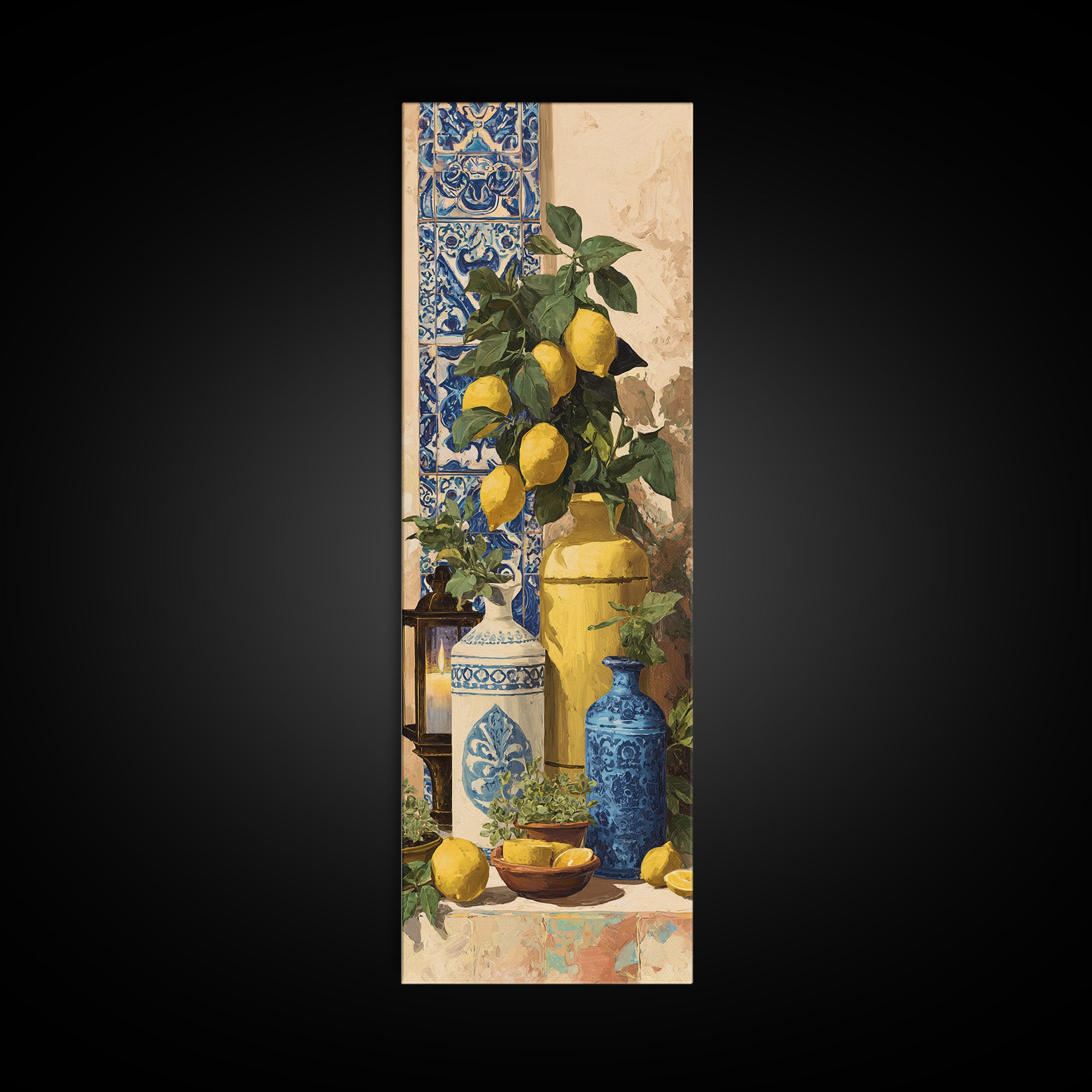 Mediterranean Lemons and Blue Tile Pattern Framed Canvas Print, Patio Art, Neutral Decor, Patio Decor, Fine Art, Outdoor, PAT-1x3-62