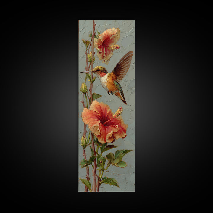 Hummingbird Visiting Bright Hibiscus Canvas Print, Patio Art, Patio Decor, Oil Painting, Outdoor, Gallery Decor, Neutral Decor, PAT-1x3-63