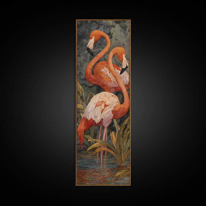 Flamingo Pair Beside Shallow Water Framed Canvas Print, Patio Art, Rustic Decor, Patio Decor, Fine Art, Outdoor, PAT-1x3-70