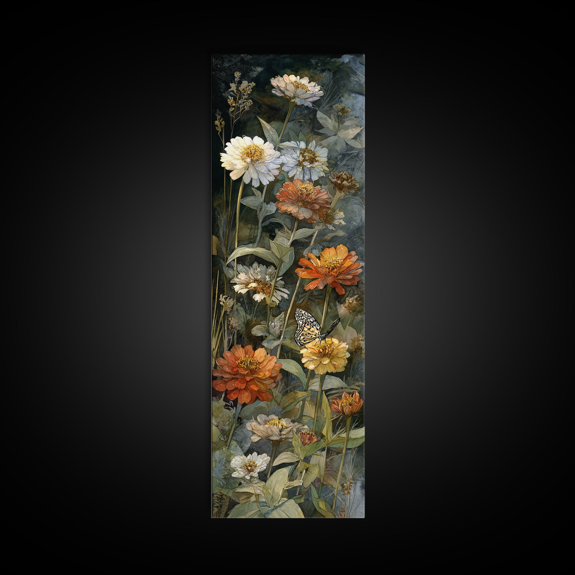 Butterfly Garden with Zinnias and Daisies Canvas Print, Patio Art, Metal Wall Art, Patio Decor, Oil Painting, Outdoor, PAT-1x3-73