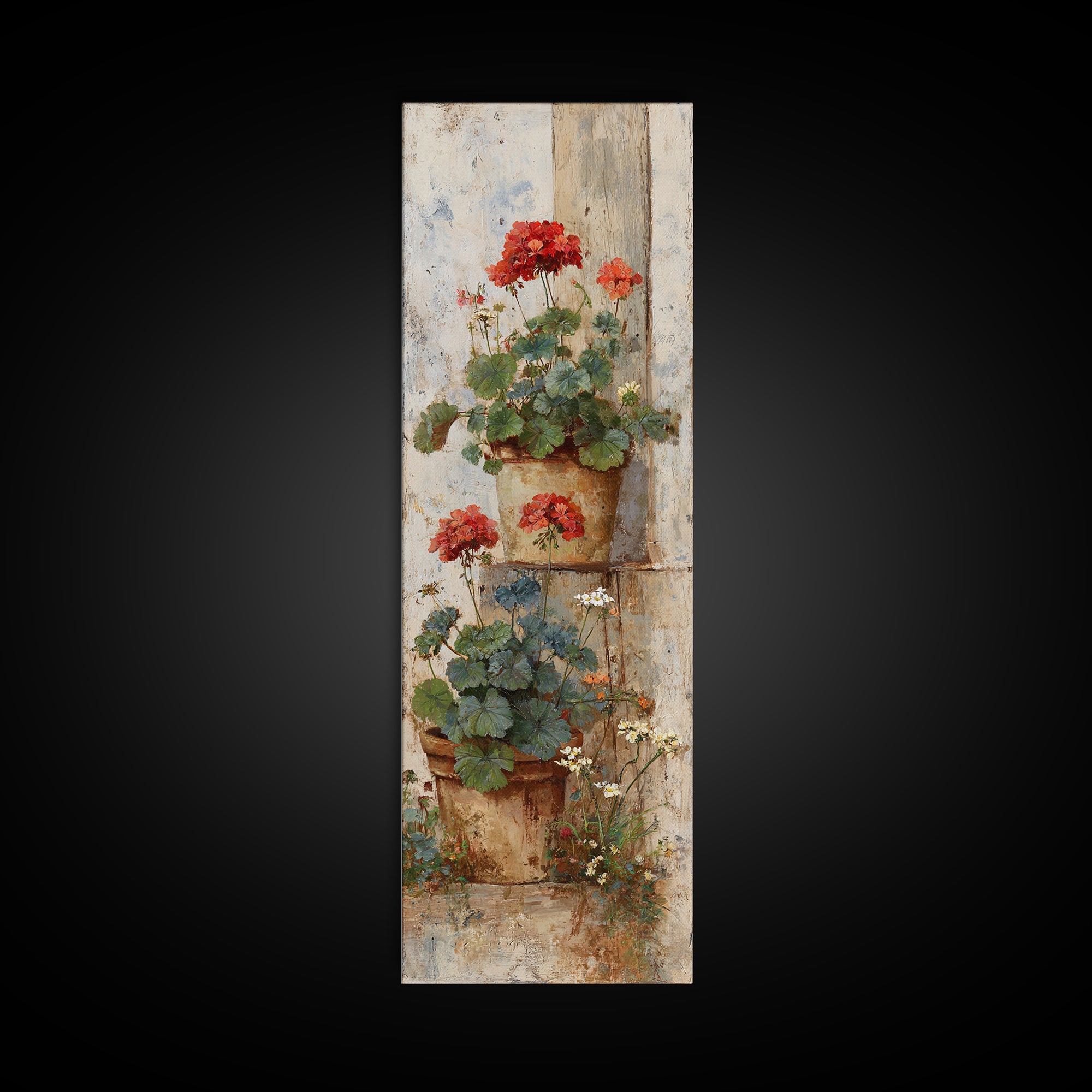 Potted Geraniums in Rustic Clay Pots Framed Canvas Print, Patio Art, Outdoor Art, Patio Decor, Fine Art, Outdoor, PAT-1x3-74