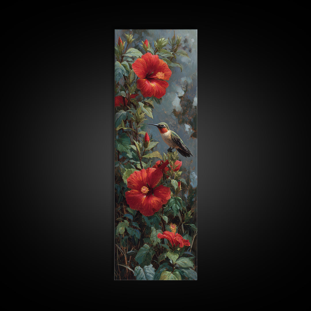 Hummingbird Visiting Bright Hibiscus Framed Canvas Print, Patio Art, Patio Cushions, Patio Decor, Outdoor, Luxury Decor, PAT-1x3-87
