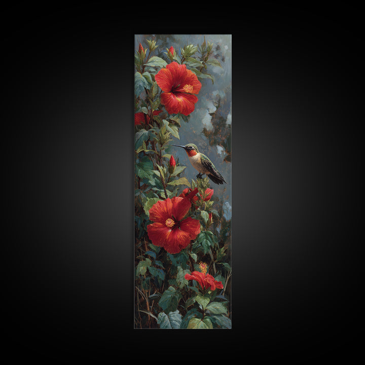 Hummingbird Visiting Bright Hibiscus Framed Canvas Print, Patio Art, Patio Cushions, Patio Decor, Outdoor, Luxury Decor, PAT-1x3-87