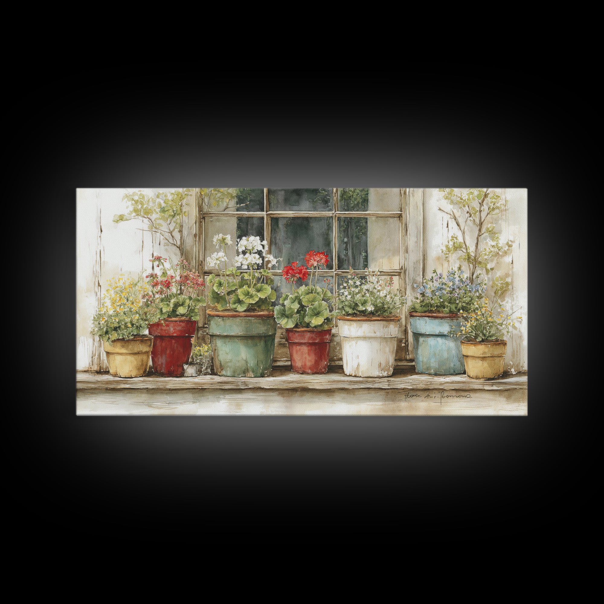 Potted Geraniums in Rustic Clay Pots Framed Canvas Print, Patio Art, Art Print, Patio Decor, Fine Art, Outdoor, Garden Decor, PAT-2x1-10