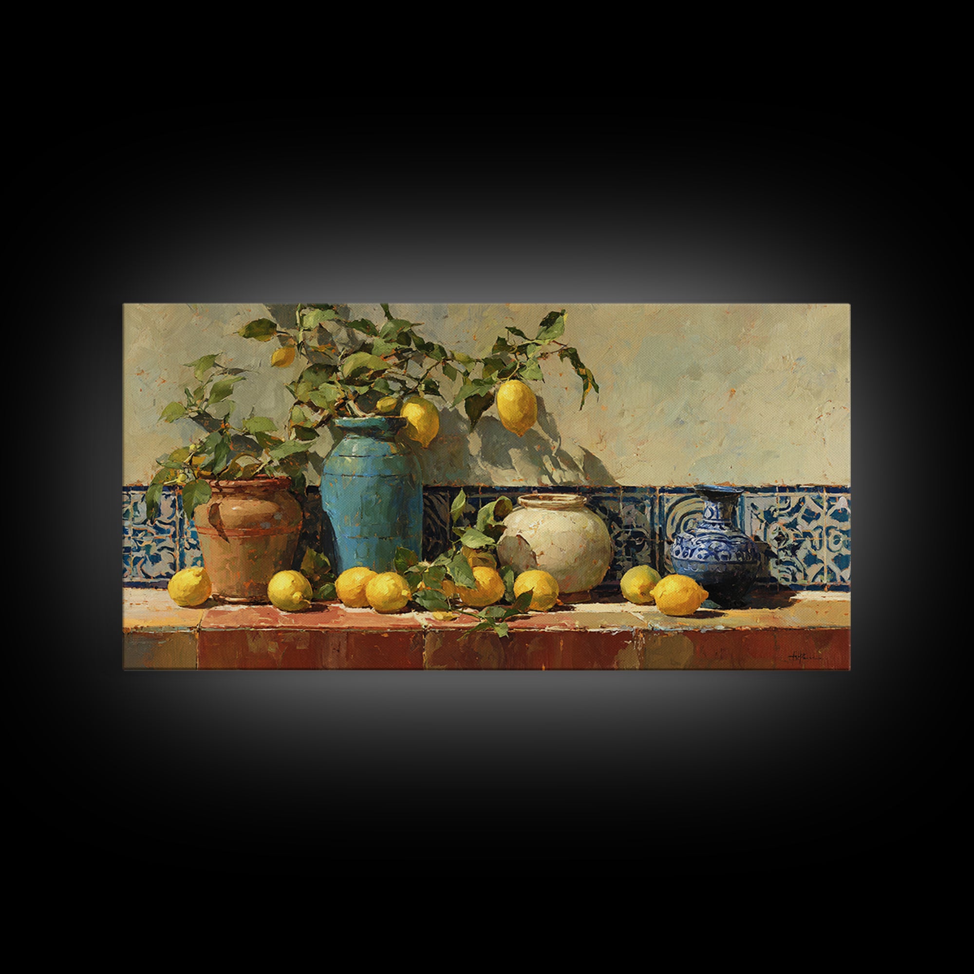 Mediterranean Lemons and Blue Tile Pattern Canvas Print, Patio Art, Boho Decor, Patio Decor, Fine Art, Outdoor, Outdoor Decor, PAT-2x1-22