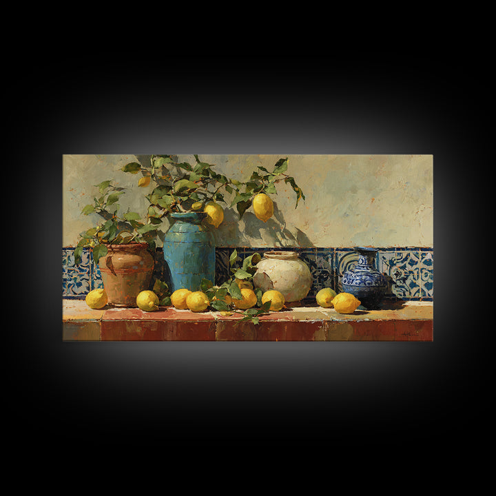 Mediterranean Lemons and Blue Tile Pattern Canvas Print, Patio Art, Boho Decor, Patio Decor, Fine Art, Outdoor, Outdoor Decor, PAT-2x1-22