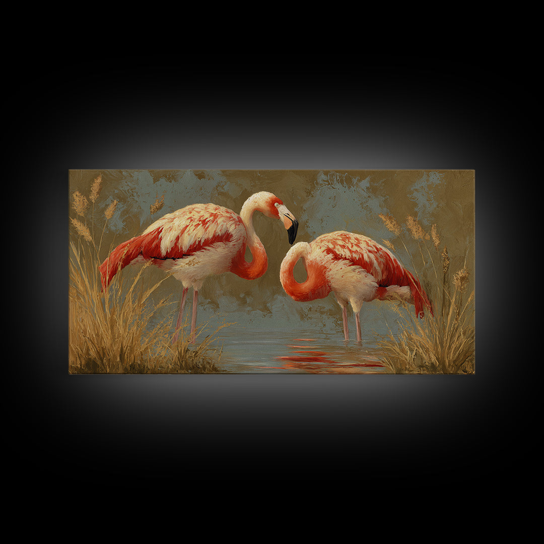 Flamingo Pair Beside Shallow Water Framed Canvas Print, Patio Art, Luxury Decor, Patio Decor, Fine Art, Outdoor, Wall Hanging, PAT-2x1-30