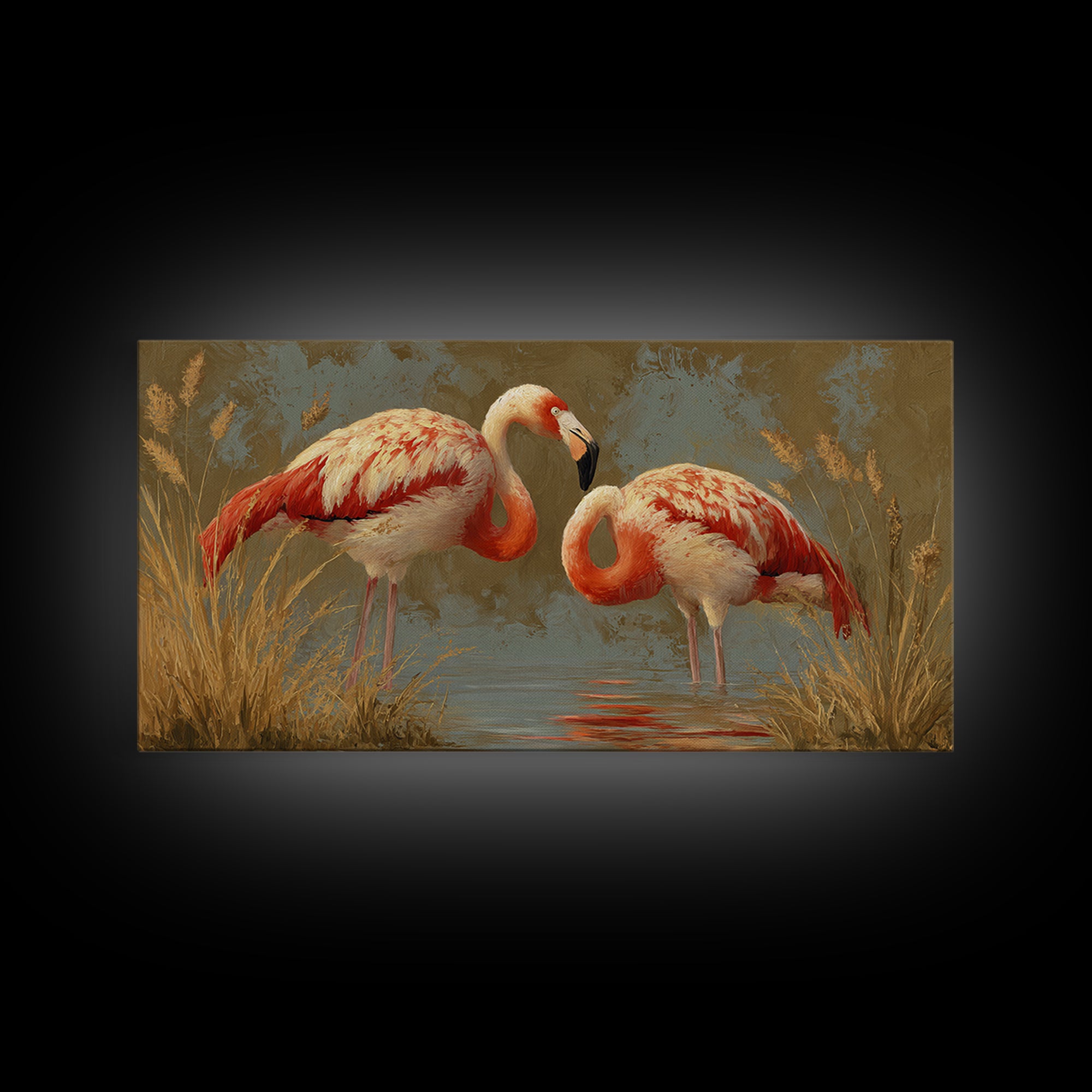 Flamingo Pair Beside Shallow Water Framed Canvas Print, Patio Art, Luxury Decor, Patio Decor, Fine Art, Outdoor, Wall Hanging, PAT-2x1-30