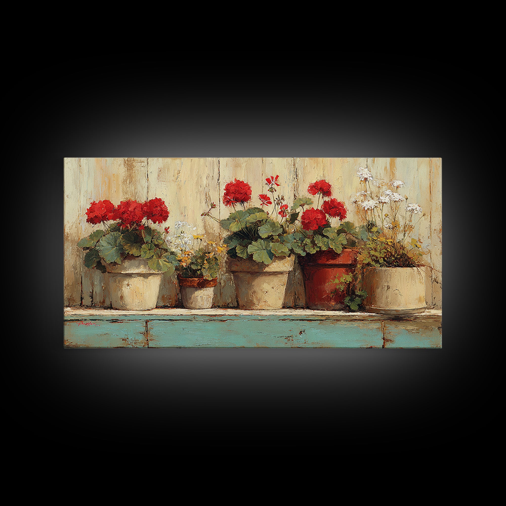Potted Geraniums in Rustic Clay Pots Framed Canvas Print, Patio Art, Art Print, Patio Decor, Fine Art, Outdoor, Garden Decor, PAT-2x1-34