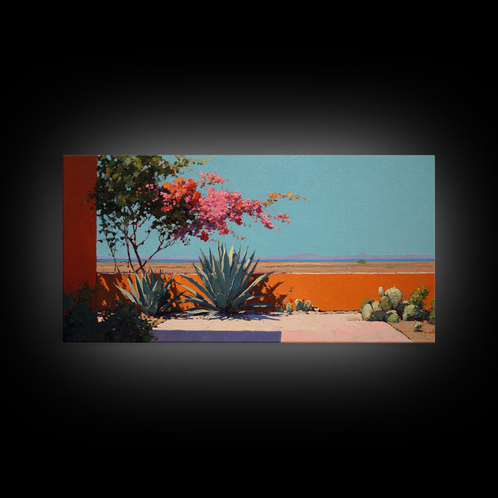 Desert Patio Agave and Bougainvillea Framed Canvas Print, Patio Art, Minimalist Decor, Patio Decor, Fine Art, Outdoor, PAT-2x1-37