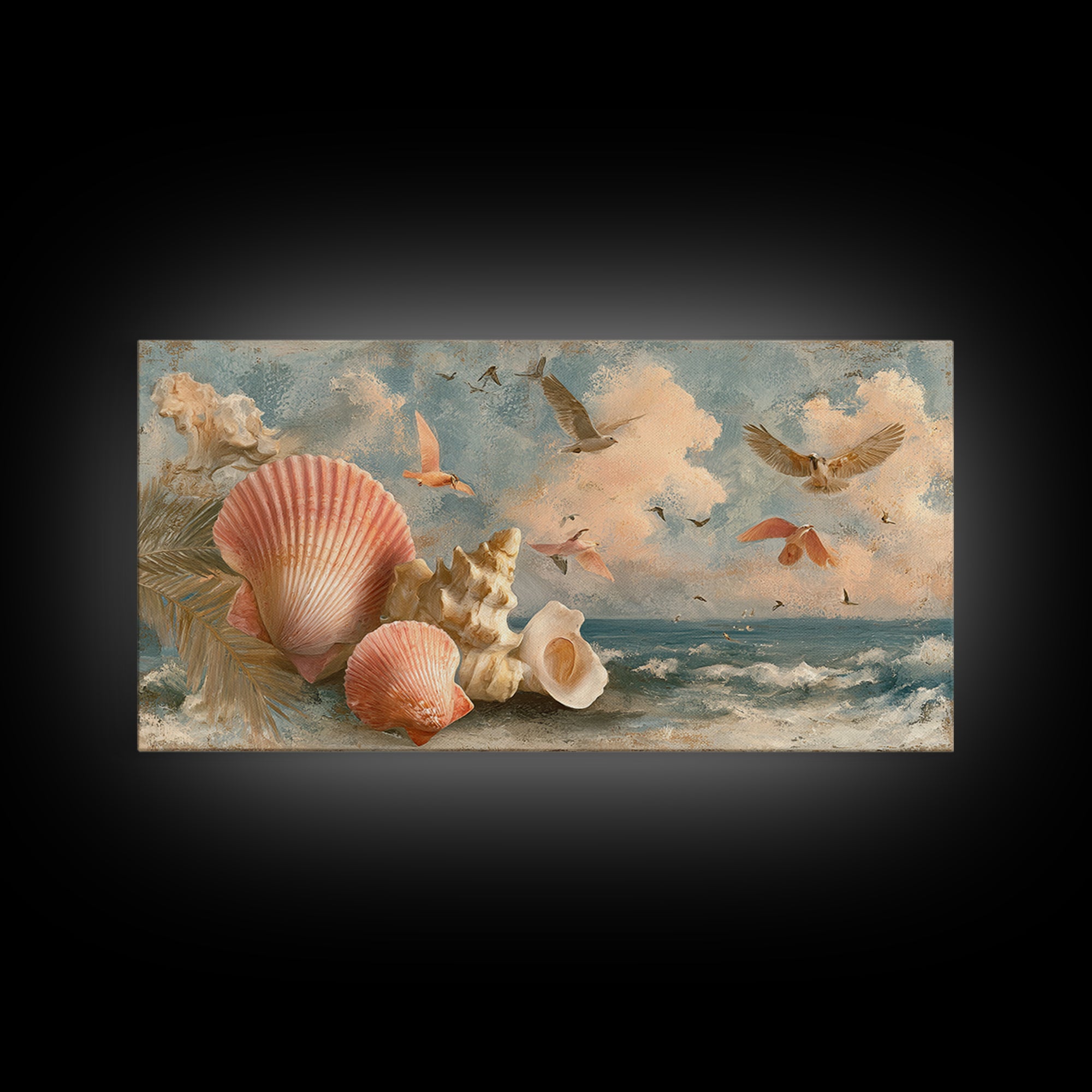 Beachy Shell and Palm Arrangement Canvas Print, Patio Art, Outdoor Decor, Patio Decor, Oil Painting, Outdoor, Bar Art, PAT-2x1-39