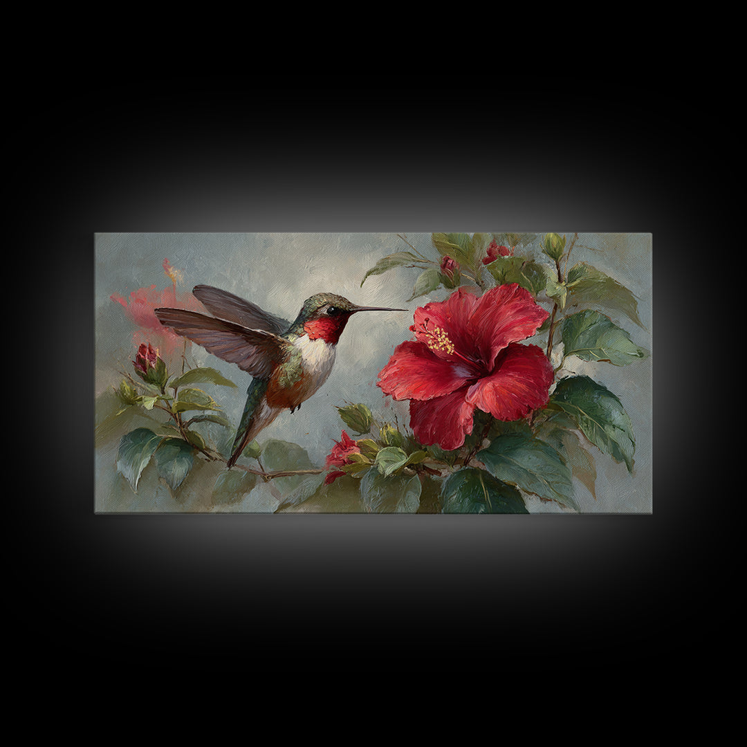 Hummingbird Visiting Bright Hibiscus Canvas Print, Patio Art, Metal Art, Patio Decor, Oil Painting, Outdoor, Patio Cushions, PAT-2x1-47