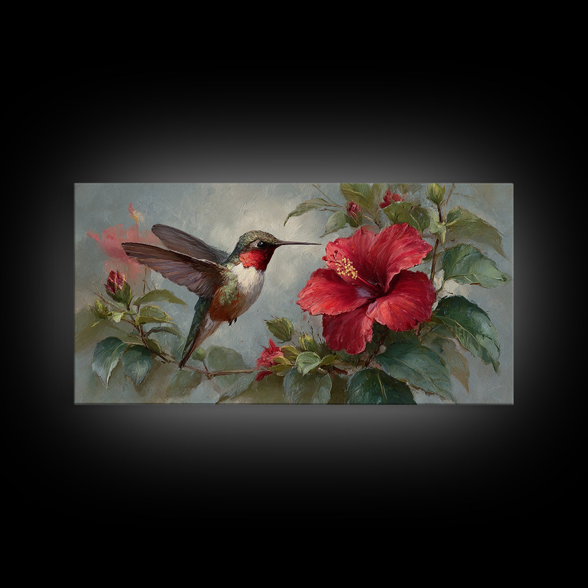 Hummingbird Visiting Bright Hibiscus Canvas Print, Patio Art, Metal Art, Patio Decor, Oil Painting, Outdoor, Patio Cushions, PAT-2x1-47