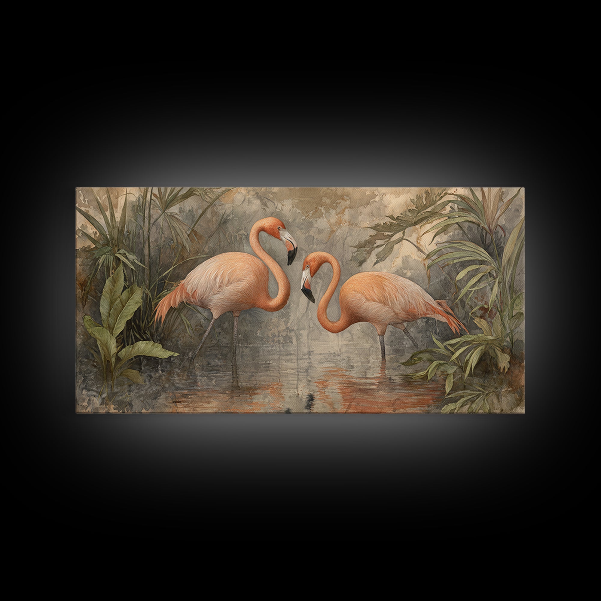 Flamingo Pair Beside Shallow Water Canvas Print, Patio Art, Contemporary Art, Patio Decor, Fine Art, Outdoor, Metal Art, PAT-2x1-54