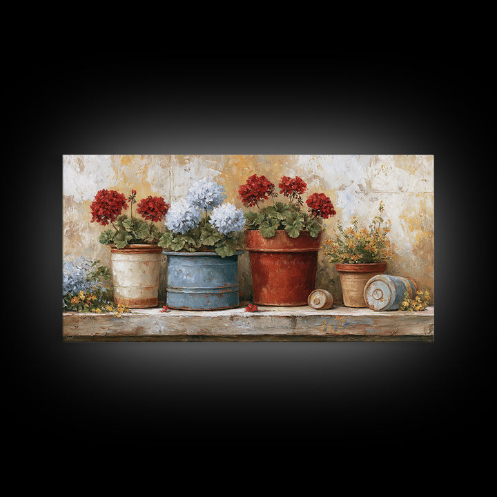 Potted Geraniums in Rustic Clay Pots Canvas Print, Patio Art, Wall Art, Patio Decor, Fine Art, Outdoor, Outdoor Wall Decor, PAT-2x1-58