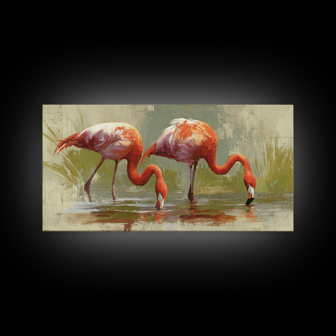 Flamingo Pair Beside Shallow Water Framed Canvas Print, Patio Art, Luxury Decor, Patio Decor, Fine Art, Outdoor, Wall Hanging, PAT-2x1-6