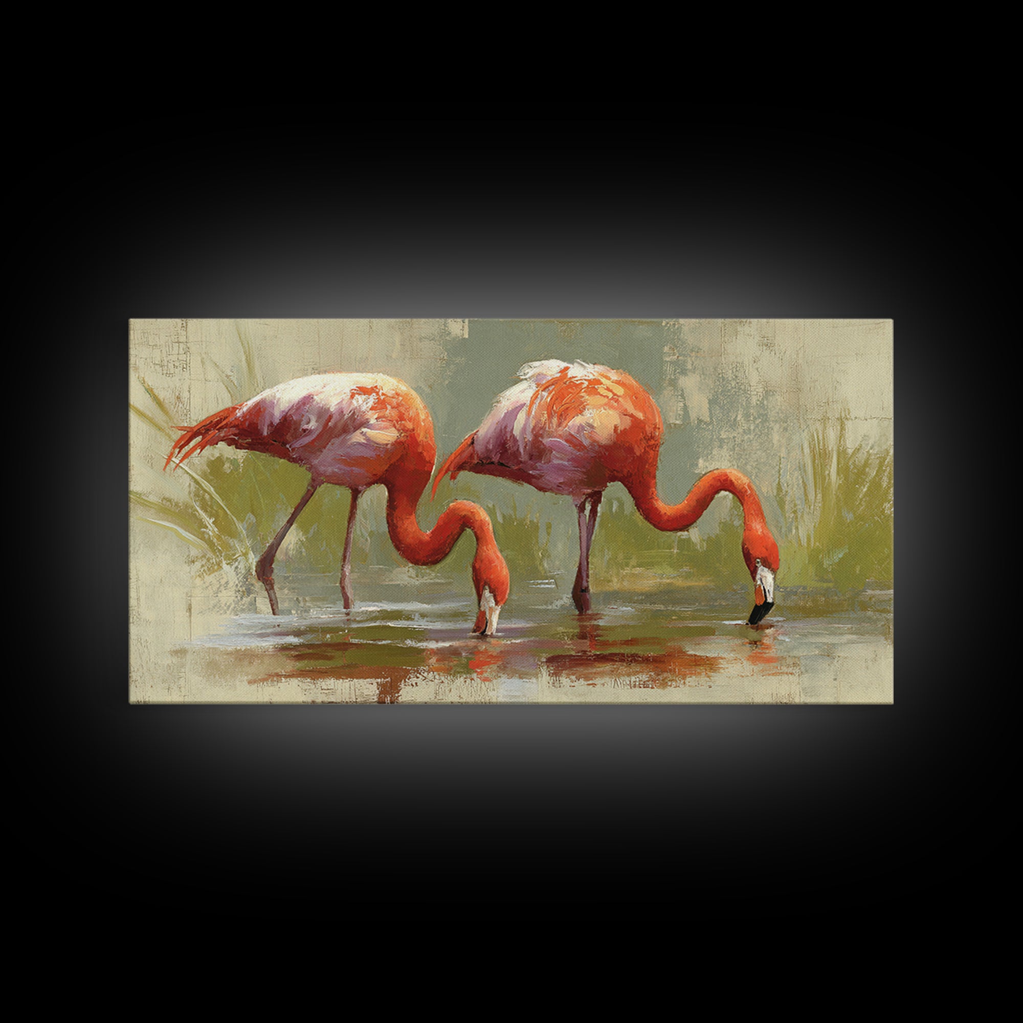 Flamingo Pair Beside Shallow Water Framed Canvas Print, Patio Art, Luxury Decor, Patio Decor, Fine Art, Outdoor, Wall Hanging, PAT-2x1-6