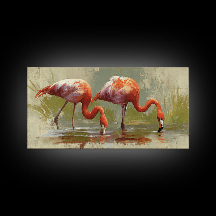 Flamingo Pair Beside Shallow Water Framed Canvas Print, Patio Art, Luxury Decor, Patio Decor, Fine Art, Outdoor, Wall Hanging, PAT-2x1-6