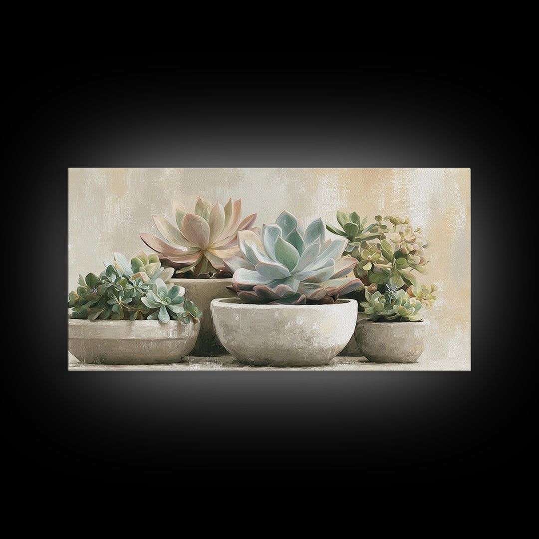 Succulent Collection in Ceramic Planters Framed Canvas Print, Patio Art, Metal Wall Art, Patio Decor, Abstract Art, Outdoor, PAT-2x1-65