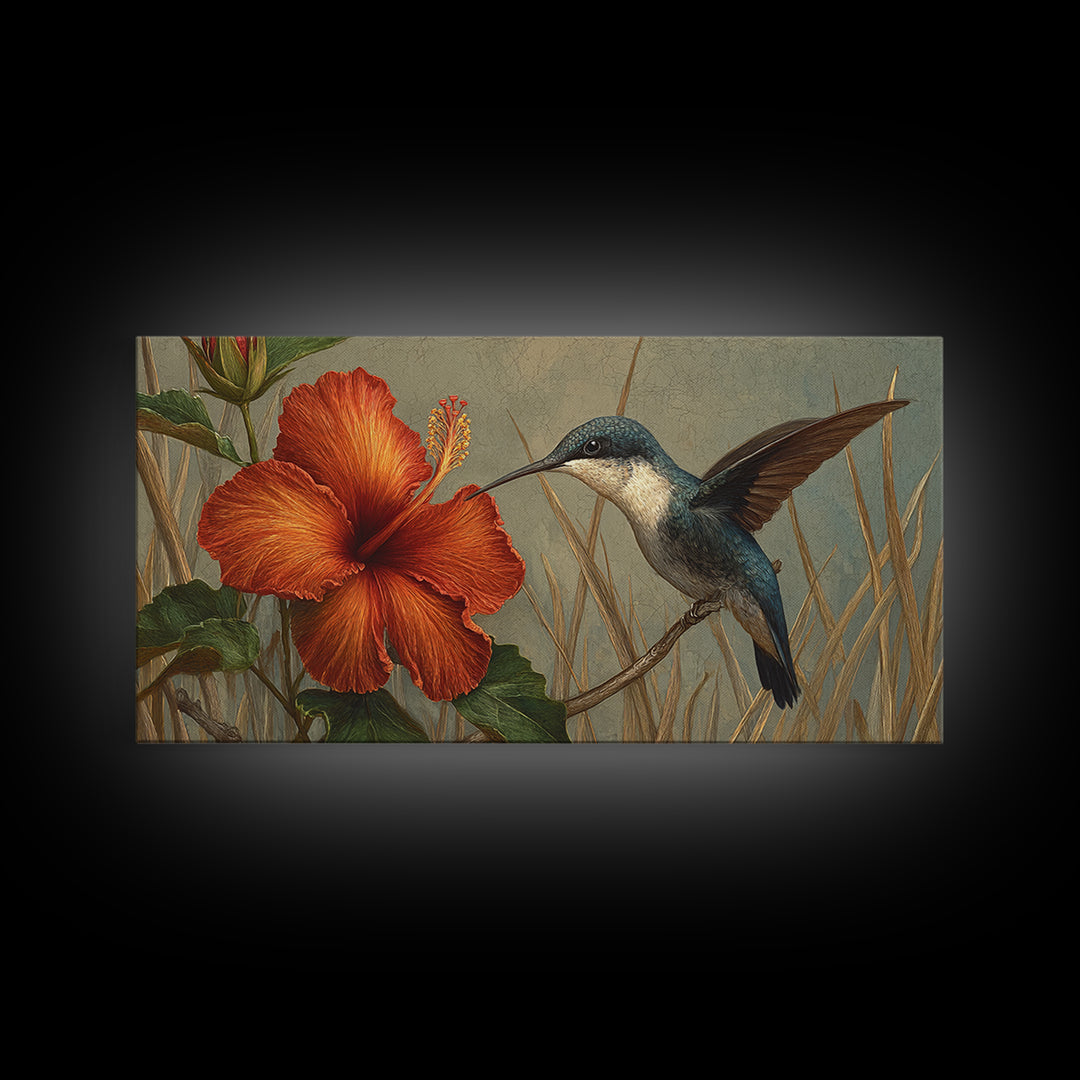 Hummingbird Visiting Bright Hibiscus Canvas Print, Patio Art, Lake House Decor, Patio Decor, Abstract Art, Outdoor, Boho Decor, PAT-2x1-71
