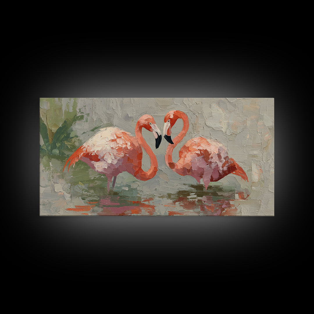 Flamingo Pair Beside Shallow Water Canvas Print, Patio Art, Contemporary Art, Patio Decor, Fine Art, Outdoor, Metal Art, PAT-2x1-78