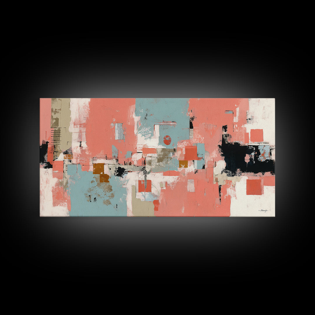 Bright Coral and Turquoise Abstract for Outdoors Framed Canvas Print, Patio Art, Bar Art, Patio Decor, Fine Art, Outdoor, PAT-2x1-80