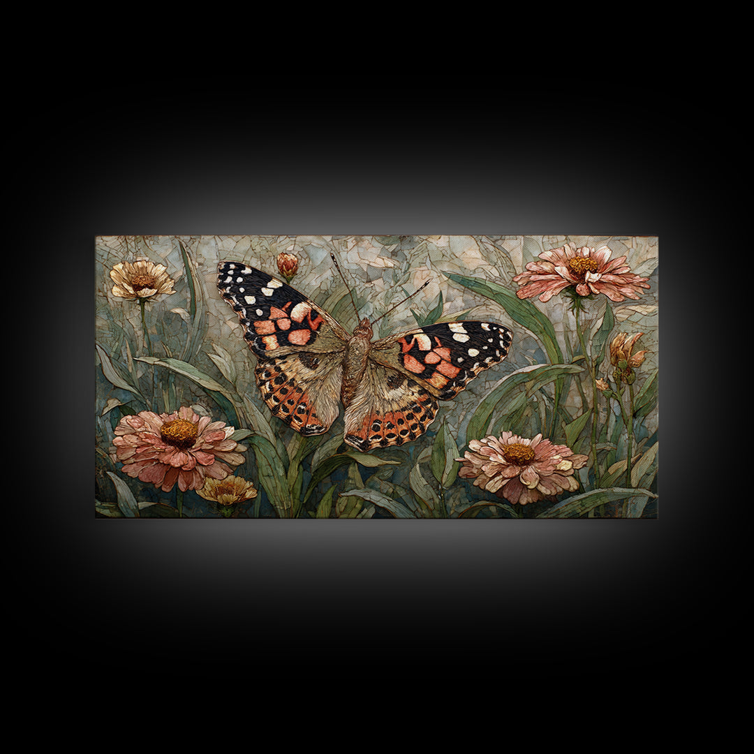 Butterfly Garden with Zinnias and Daisies Framed Canvas Print, Patio Art, Outdoor Wall Art, Patio Decor, Fine Art, Outdoor, PAT-2x1-81