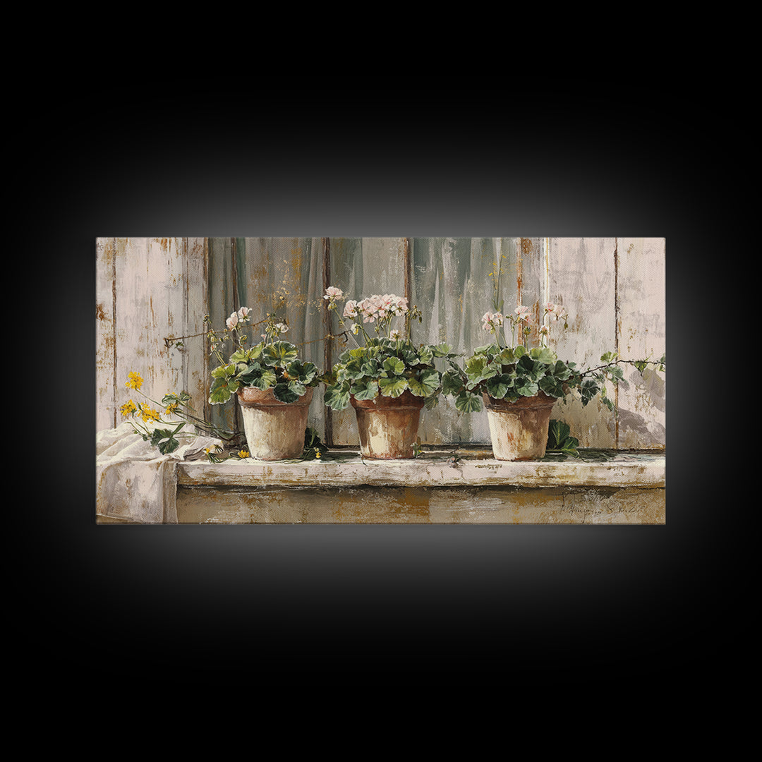 Potted Geraniums in Rustic Clay Pots Canvas Print, Patio Art, Wall Art, Patio Decor, Fine Art, Outdoor, Outdoor Wall Decor, PAT-2x1-82