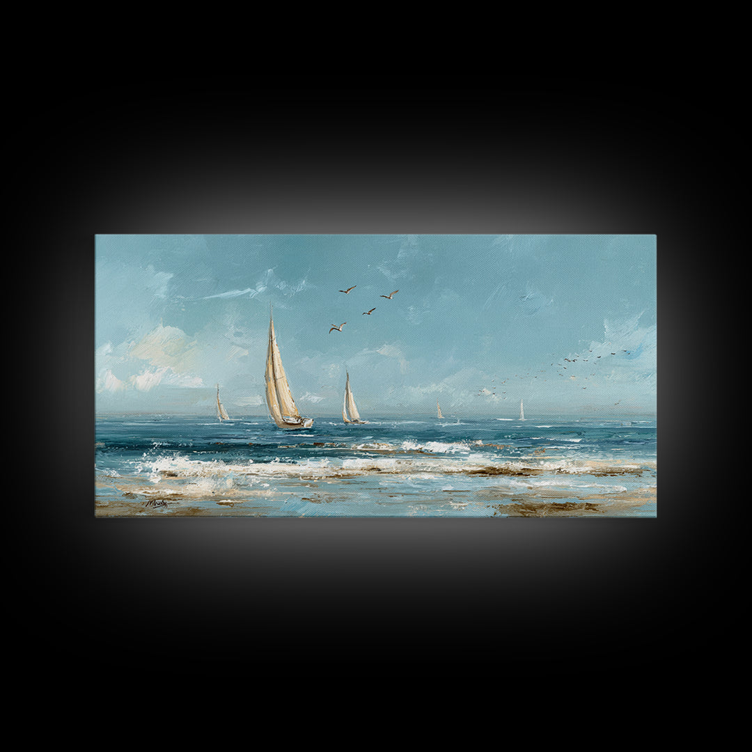 Sailboat on a Breezy Summer Horizon Framed Canvas Print, Patio Art, Contemporary Art, Patio Decor, Oil Painting, Outdoor, PAT-2x1-83