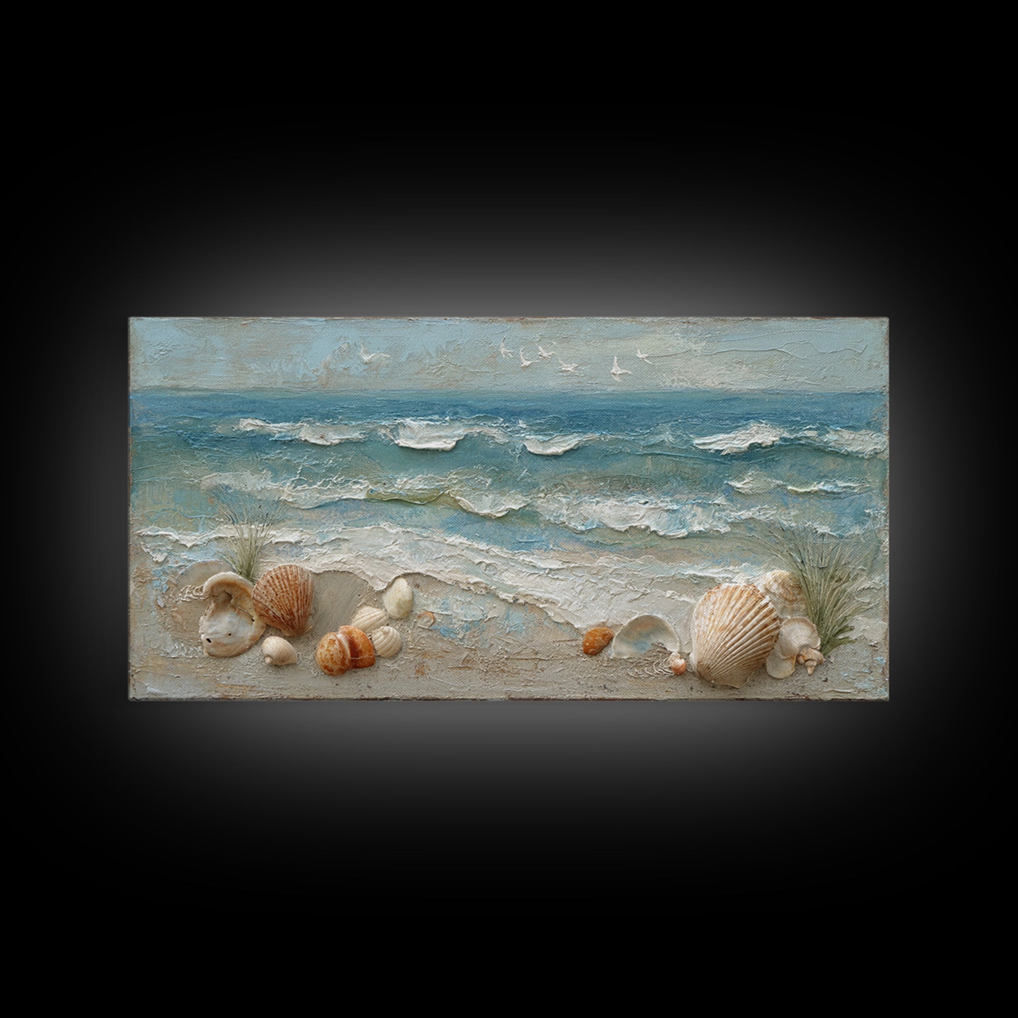 Beachy Shell and Palm Arrangement Framed Canvas Print, Patio Art, Porch Decor, Patio Decor, Fine Art, Outdoor, Fine Art Print, PAT-2x1-87