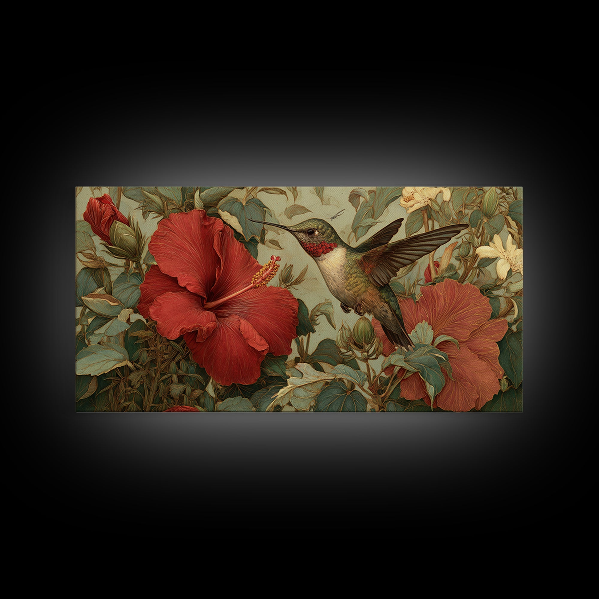 Hummingbird Visiting Bright Hibiscus Framed Canvas Print, Patio Art, Outdoor Art, Patio Decor, Fine Art, Outdoor, PAT-2x1-95