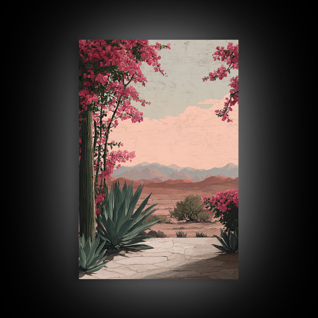 Desert Patio Agave and Bougainvillea Framed Canvas Print, Patio Art, Wall Art, Patio Decor, Oil Painting, Outdoor, PAT-2x3-1