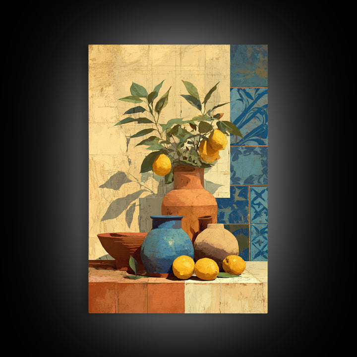 Mediterranean Lemons and Blue Tile Pattern Canvas Print, Patio Art, Luxury Decor, Patio Decor, Fine Art, Outdoor, Wall Hanging, PAT-2x3-10