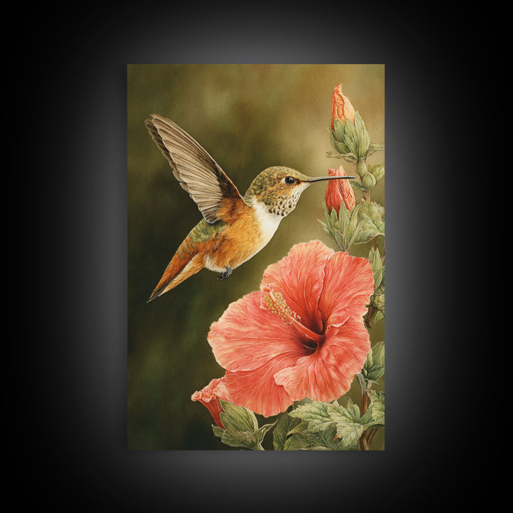 Hummingbird Visiting Bright Hibiscus Canvas Print, Patio Art, Patio, Patio Decor, Abstract Art, Outdoor, Minimalist Decor, PAT-2x3-11