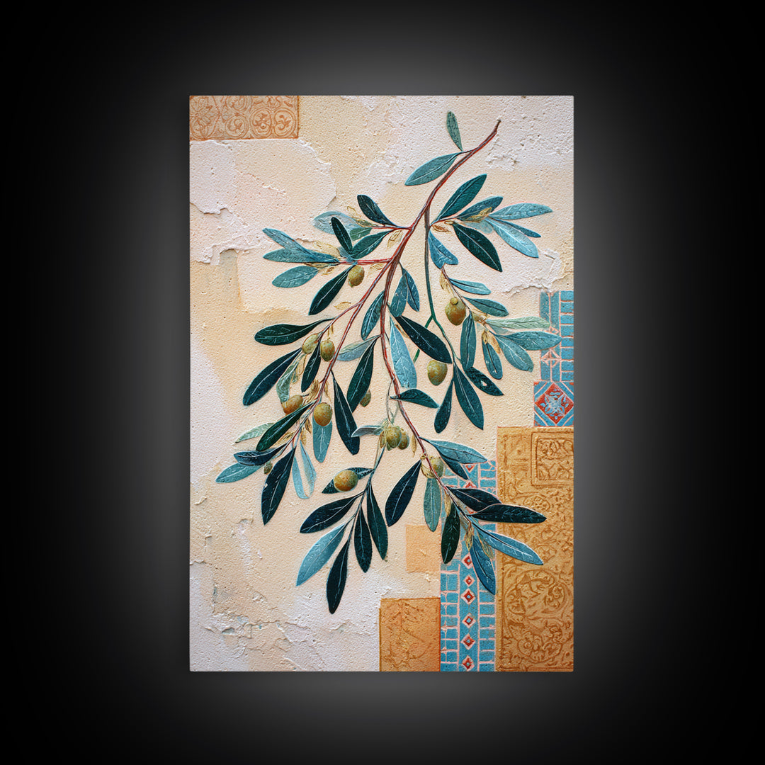 Olive Branch Wreath on Warm Plaster Framed Canvas Print, Patio Art, Outdoor Decor, Patio Decor, Fine Art, Outdoor, Bar Art, PAT-2x3-17