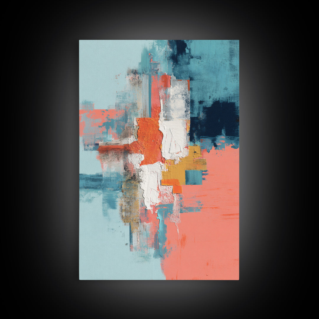 Bright Coral and Turquoise Abstract for Outdoors Framed Canvas Print, Patio Art, Wall Hanging, Patio Decor, Abstract Art, PAT-2x3-20