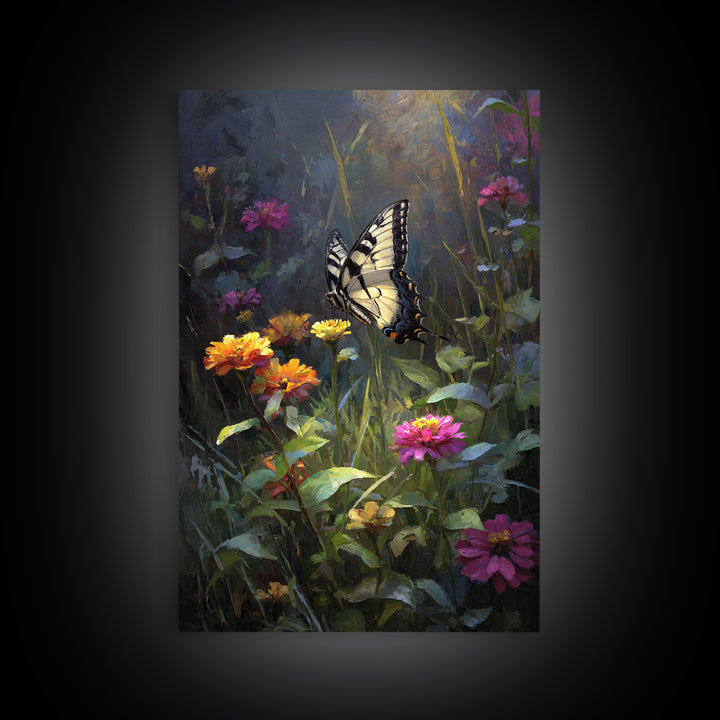 Butterfly Garden with Zinnias and Daisies Framed Canvas Print, Patio Art, Contemporary Art, Patio Decor, Fine Art, Outdoor, PAT-2x3-21