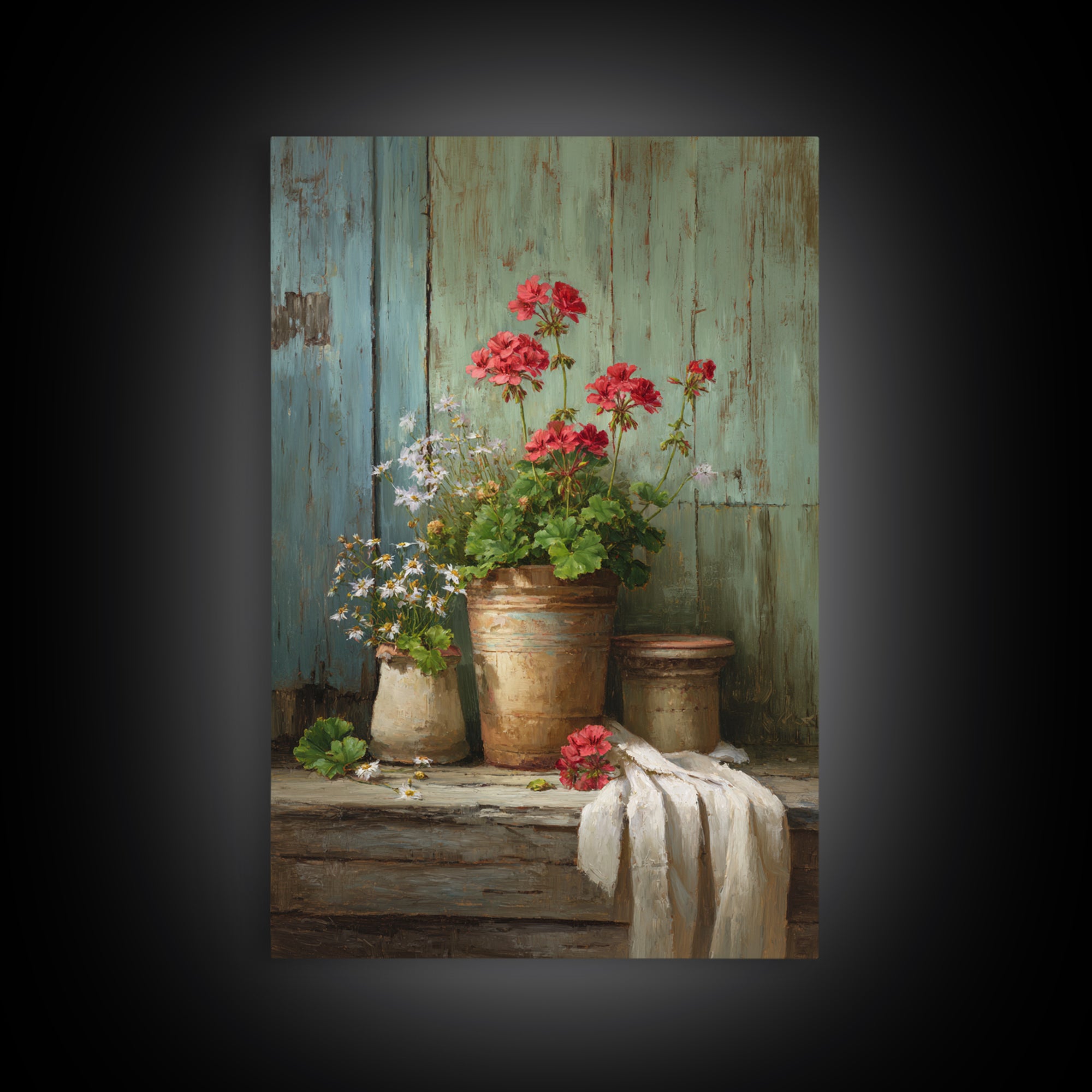 Potted Geraniums in Rustic Clay Pots Framed Canvas Print, Patio Art, Textured Painting, Patio Decor, Fine Art, Outdoor, PAT-2x3-22