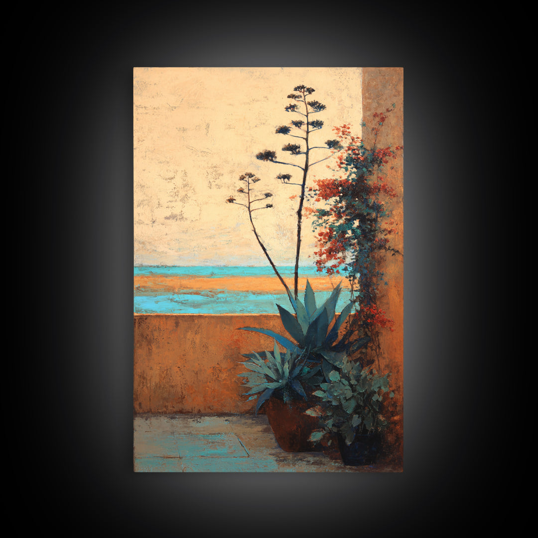 Desert Patio Agave and Bougainvillea Framed Canvas Print, Patio Art, Wall Art, Patio Decor, Oil Painting, Outdoor, PAT-2x3-25