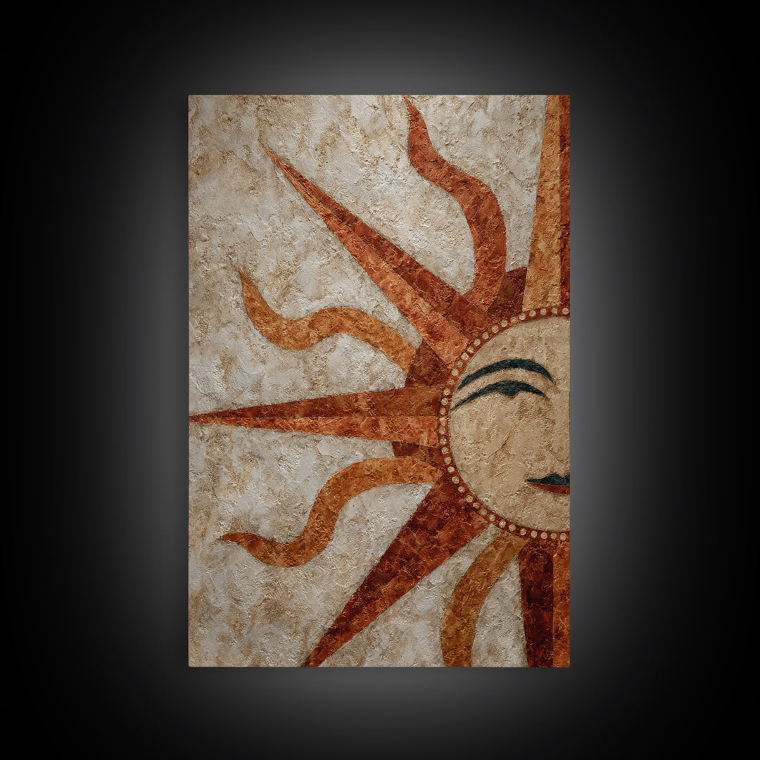 Sun Motif with Warm Terracotta Rays Framed Canvas Print, Patio Art, Boho Decor, Patio Decor, Abstract Art, Outdoor, PAT-2x3-26
