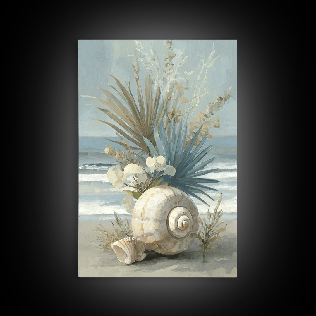 Beachy Shell and Palm Arrangement Framed Canvas Print, Patio Art, Rustic Decor, Patio Decor, Fine Art, Outdoor, PAT-2x3-3