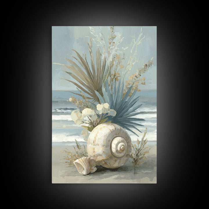 Beachy Shell and Palm Arrangement Framed Canvas Print, Patio Art, Rustic Decor, Patio Decor, Fine Art, Outdoor, PAT-2x3-3
