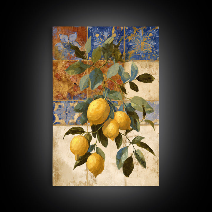 Mediterranean Lemons and Blue Tile Pattern Framed Canvas Print, Patio Art, Contemporary Art, Patio Decor, Fine Art, Outdoor, PAT-2x3-34