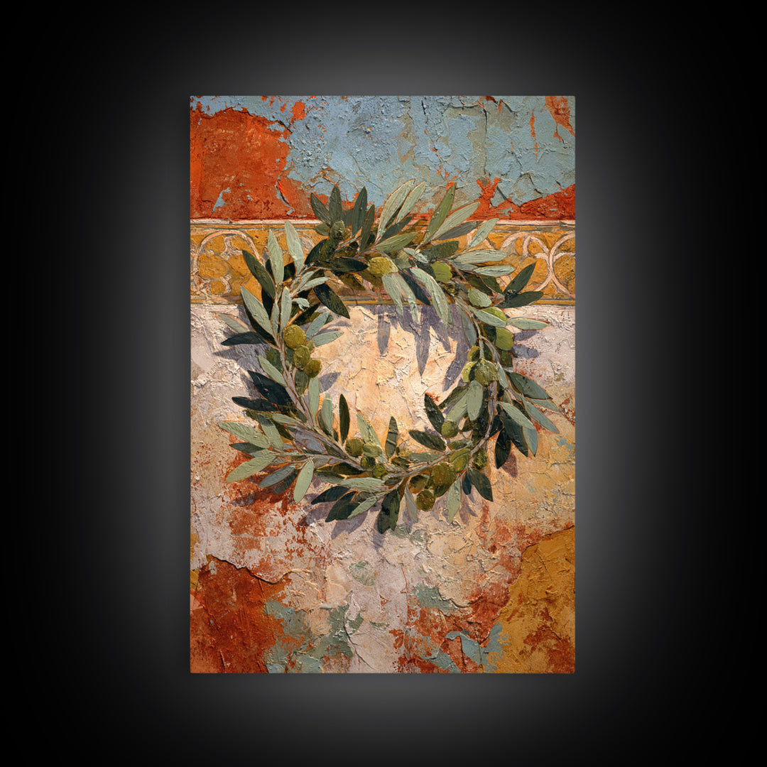 Olive Branch Wreath on Warm Plaster Framed Canvas Print, Patio Art, Outdoor Decor, Patio Decor, Fine Art, Outdoor, Bar Art, PAT-2x3-41