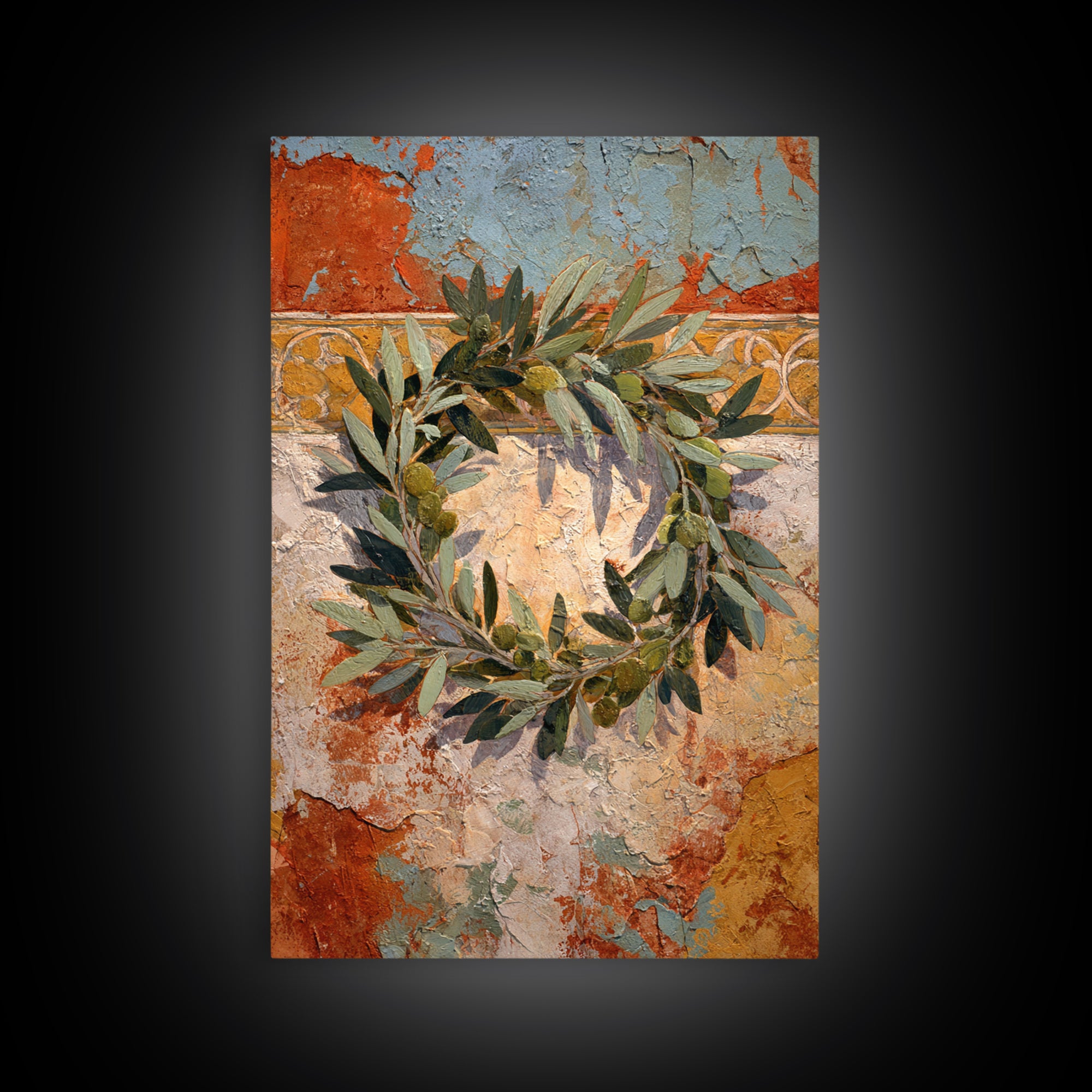 Olive Branch Wreath on Warm Plaster Framed Canvas Print, Patio Art, Outdoor Decor, Patio Decor, Fine Art, Outdoor, Bar Art, PAT-2x3-41