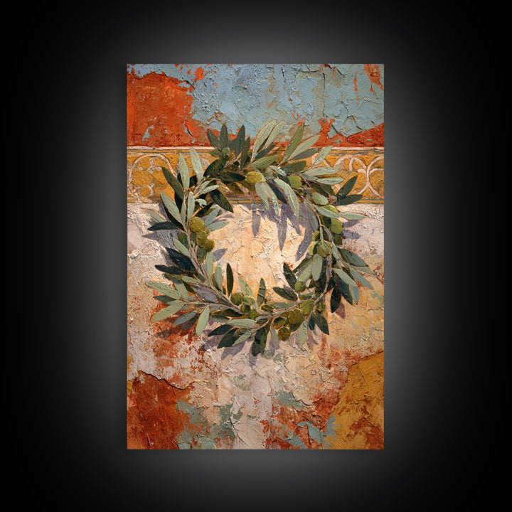 Olive Branch Wreath on Warm Plaster Framed Canvas Print, Patio Art, Outdoor Decor, Patio Decor, Fine Art, Outdoor, Bar Art, PAT-2x3-41
