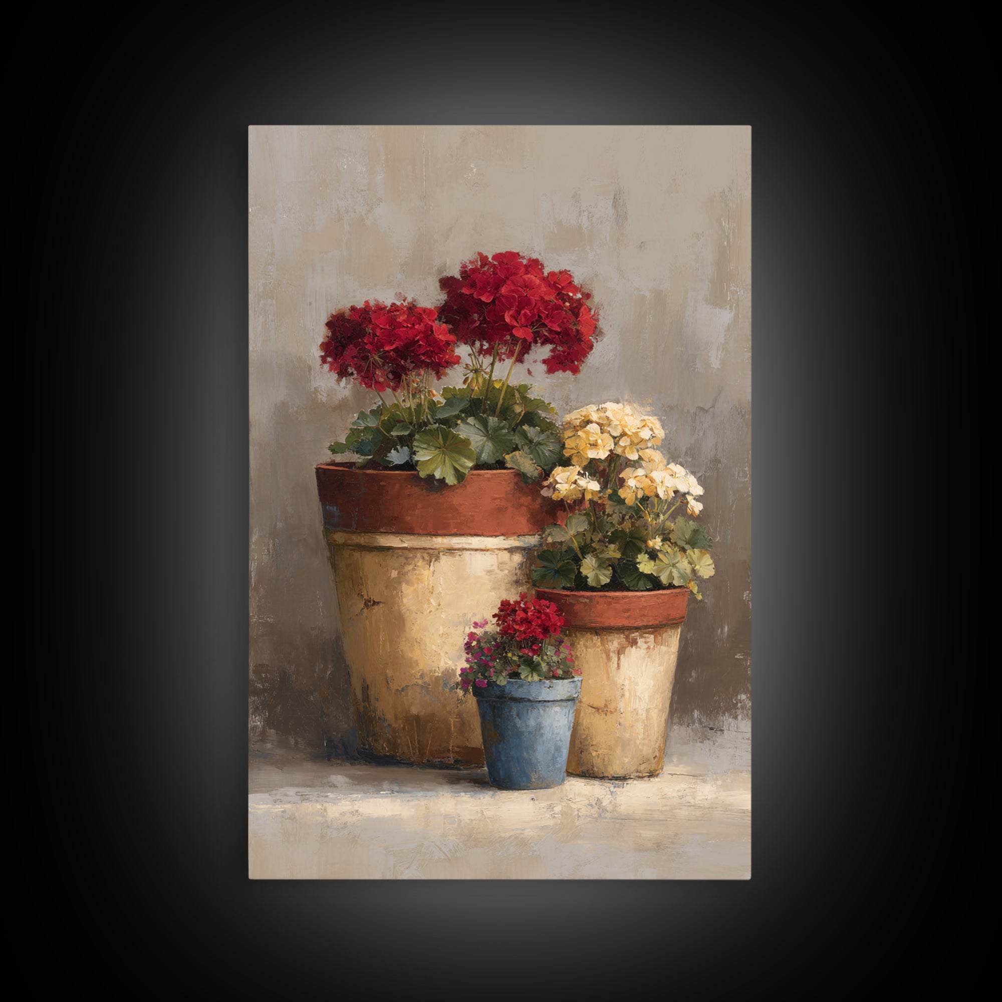 Potted Geraniums in Rustic Clay Pots Framed Canvas Print, Patio Art, Textured Painting, Patio Decor, Fine Art, Outdoor, PAT-2x3-46