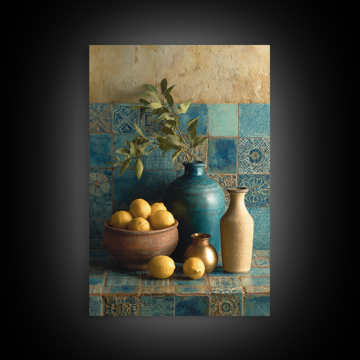 Mediterranean Lemons and Blue Tile Pattern Canvas Print, Patio Art, Metal Wall Art, Patio Decor, Outdoor, Coastal Wall Decor, PAT-2x3-58