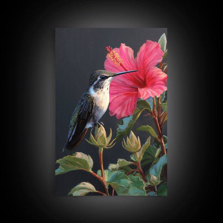 Hummingbird Visiting Bright Hibiscus Framed Canvas Print, Patio Art, Decor, Patio Decor, Oil Painting, Outdoor, PAT-2x3-59